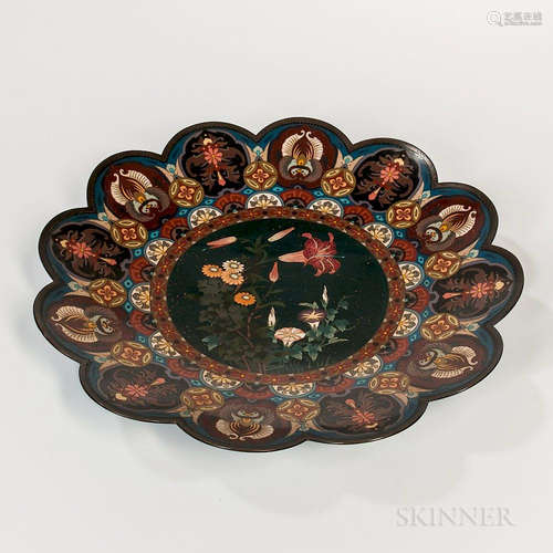 Cloisonne Scalloped Charger, Japan, Meiji period, the interior well decorated with lilies, dahlias, and morning glories, surrounded by