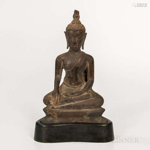 Bronze Statue of Buddha, Thailand, possibly early Ayutthaya period, seated cross-legged in dhyanasana with his hands in bhumisparsa mud