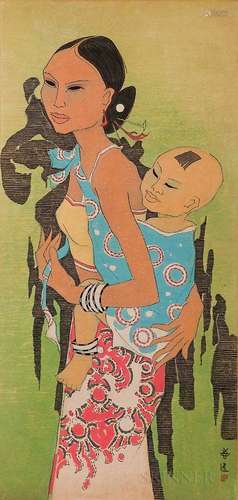 Tay Chee Toh (b. 1941) Watercolor, Mother and Child, Malaysia, 1968, depicting a woman with a baby boy on her back, against a green bac