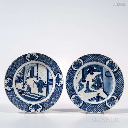 Two Blue and White Plates, China, Kangxi style, both decorated with an interior scene with figures in a double ring, the rim with four