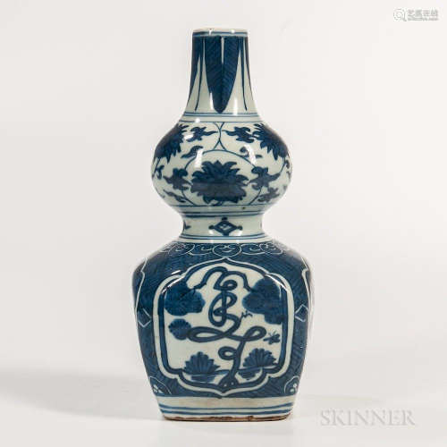 Blue and White Double Gourd Sheng Vase, China, Ming dynasty style, with a rounded square bottom, decorated with four twisted trees to f