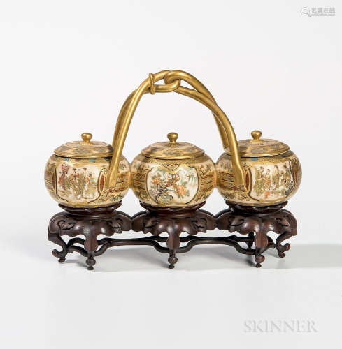 Satsuma Triple-bowl Condiment Set with Covers, Japan, late 19th century, with an entwined string handle, each bowl decorated with a bir