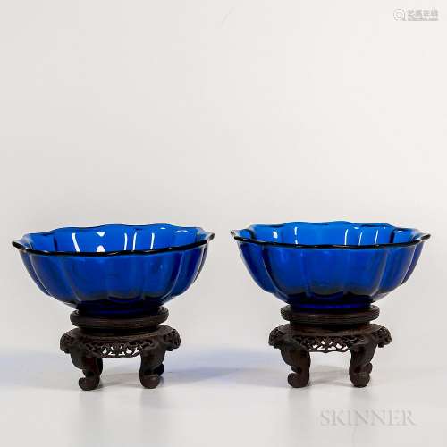 Pair of Cobalt Blue Peking Glass Bowls, China, ribbed, with slightly flaring floral rim, resting on a short raised straight foot, ht. t