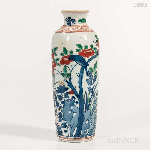 Wucai Sleeve Vase, China, cylindrical form with rounded shoulder and short waisted neck, decorated with a bird-and-flower design, ht. 9