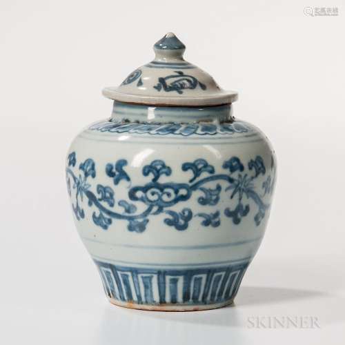 Blue and White Covered Jarlet, China, Ming dynasty style, bulbous, decorated with a foliate scroll band between two patterned bands and