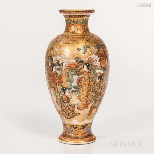 Shimazu Satsuma Vase, Japan, 19th/20th century, baluster shape with waisted neck and bottom, depicting two landscapes with warriors and