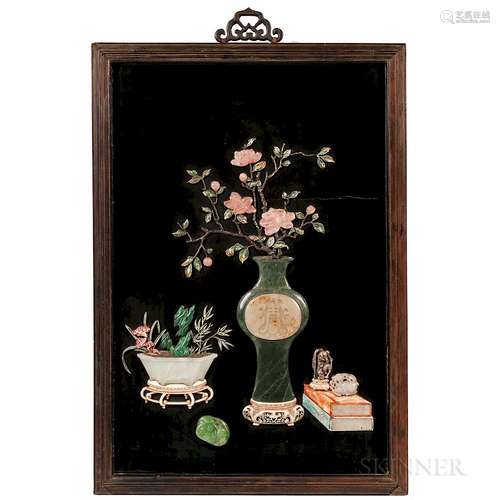 Framed Black-lacquered Panel with Jade and Hardstone Inlay, China, 18th/19th century, depicting scholarly items and auspicious flora an