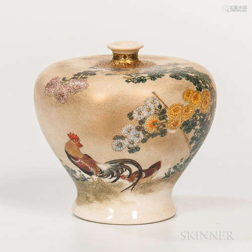 Satsuma Vase, Japan, Meiji period, bulbous form with flattened shoulder, small everted rim, and flaring foot, depicting a garden scene