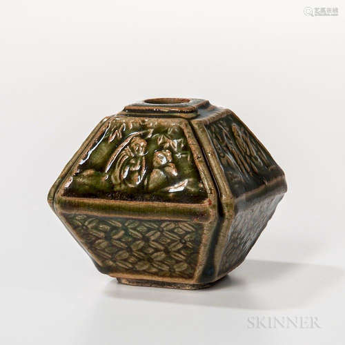 Small Green-glazed Bottle, China, Ming dynasty style, square, with eight angled sides, decorated with molded figures and floral pattern