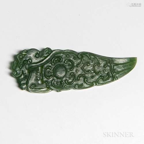 Jade Knot Picker, China, spinach green jade carved with archaic motifs and a lion, tapering to a point at one end, lg. 2 1/2 in.