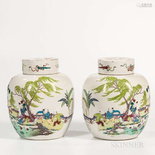 Pair of Fencai Ginger Jars and Covers, China, possibly 19th century, both bulbous form with unglazed neck and mouth rim, the cover with