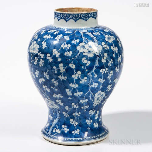 Blue and White Prunus Jar, China, possibly Kangxi period, baluster-form, decorated with allover plum blossoms against a crackled-ice gr