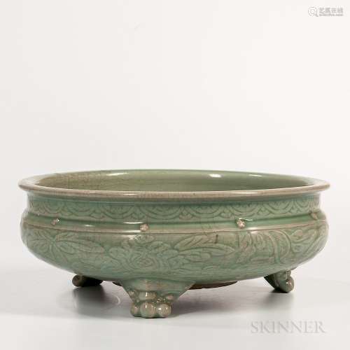Large Longquan Celadon Tripod Censer, China, Ming dynasty style, compressed globular form on three animal mask and paw feet, decorated