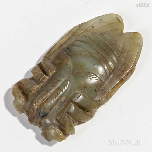 Nephrite Carving of a Cicada, China, celadon stone with russet tinges, lg. 2 1/2 in.