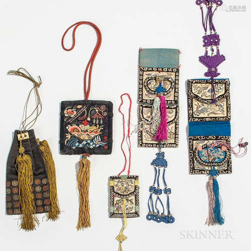 Five Embroidered Purses and Belt Pockets, China, 19th/20th century, mostly square and rectangular, two embroidered with auspicious anim