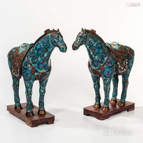 Pair of Cloisonne Horses with Stands, China, 19th/20th century, the caparisoned horses standing, with detachable saddle as the cover fo