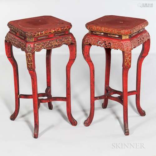 Near Pair of Red Lacquered, Carved, and Gilded Incense Stands, China, early 20th century, tops with cut corners, carved edges, one with