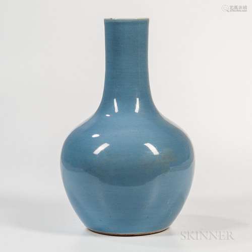 Sky Blue-glazed Vase, China, 19th/20th century, tianqiuping-form, white-glazed interior, unglazed base, ht. 15 1/2 in. Provenance: From