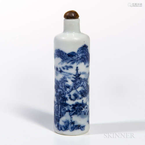 Blue and White Snuff Bottle, China, possibly 19th century, cylindrical, with a landscape in underglaze blue, brown glass stopper, ht. 3