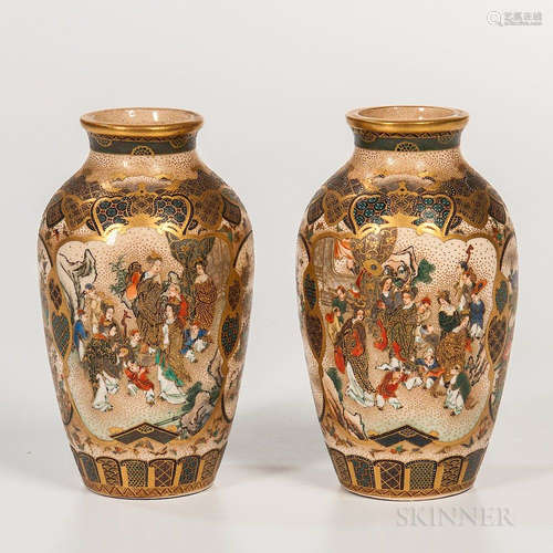 Pair of Small Satsuma Vases, Japan, Meiji period, oviform with waisted neck and banded rim, each decorated with figural landscapes alte