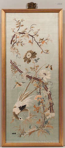 Embroidery Panel, China, 20th century, depicting a pheasant and a songbird amidst flowering plants and branches, on a pale green silk g