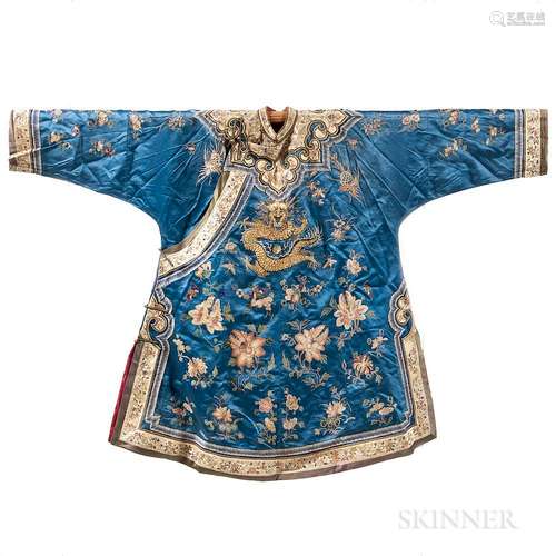 Woman's Informal Robe, China, late 19th/early 20th century, the blue silk embroidered with a central front-facing dragon in couched go