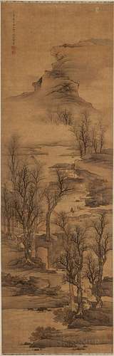 Hanging Scroll Depicting a Landscape, China, in the manner of Liu Du (active 1630-1672), depicting a river valley with barren trees, hu