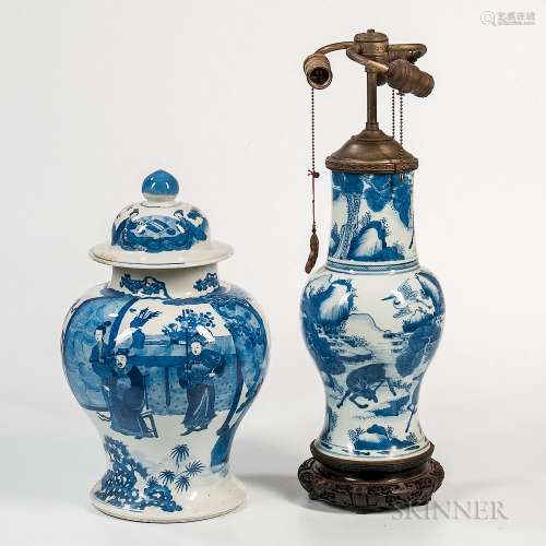 Large Blue and White Covered Ginger Jar and a Lamp Vase, China, 19th/20th century, the jar bulbous with high neck and wasted bottom, de