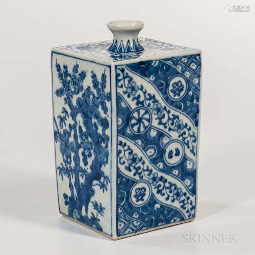 Square Blue and White Wine Bottle, Japan, 19th/20th century, decorated with two bird-and-flower designs alternating with two patterned