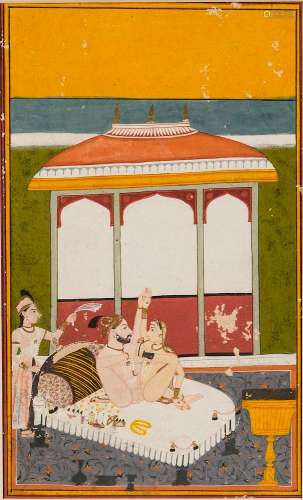 Painting of a Prince and a Lady on a Terrace, India, Rajasthan, Mewar, 18th century, ink, opaque color and gold on wasli, depicting an