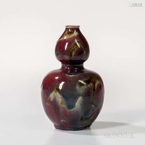 Flambe-glazed Double Gourd Vase, China, with rolled mouth rim, the red glaze mottled with brown to blue gray splashes, bisque base, whi