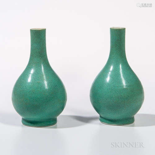 Pair of Small Crackle-glazed Turquoise Blue Bottle Vases, China, 19th/20th century, pear shape with long neck, on a raised straight foo