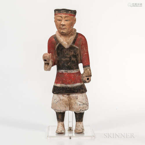 Tomb Pottery Warrior, China, standing with hands positioned to hold weapons in military costume, with stand, ht. 18 12 in.