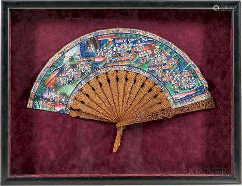 Export Painted Fan, China, 19th/20th century, the wood sticks carved with figures in rural landscapes, the paper fan decorated with cou