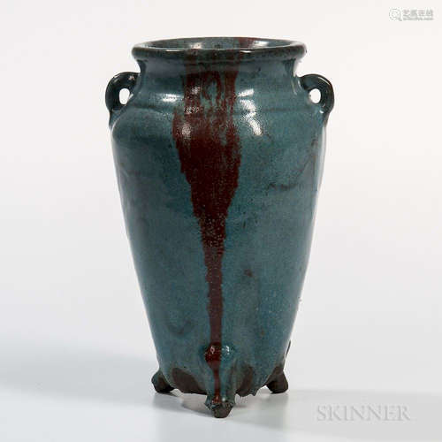 Junyao-style Vase, China, possibly Shiwan ware, the tapered sides with two loops around neck, resting on three jutting feet, the thick