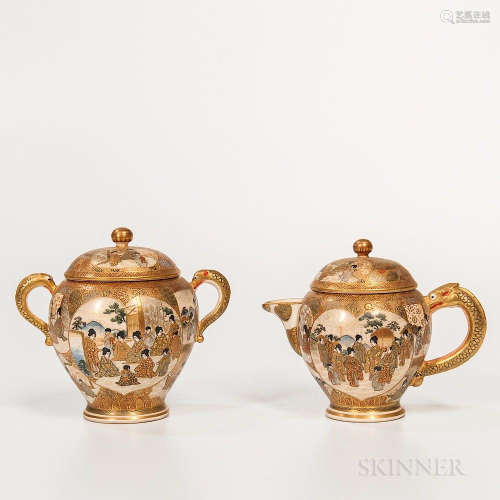 Satsuma Sugar and Creamer Set, Japan, Meiji period, oval form, with domed cover, dragon-inspired handles, decorated with figural scenes