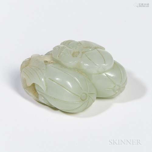 Jade Melon Group, China, 19th/20th century, three melons with leaves and vines, one with a resting butterfly, pale celadon stone, with