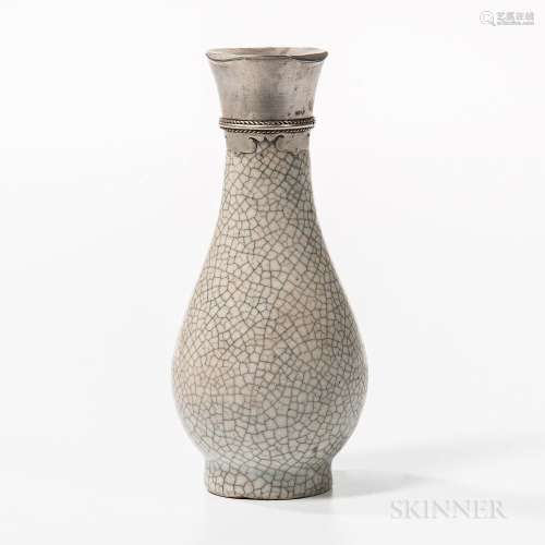 Silver Mounted Ge-ware Vase, China, Song dynasty style, pear shape, allover pale gray glaze with fine gray crackle on a short straight