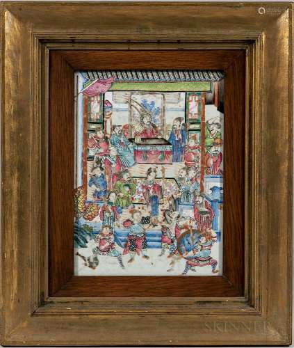 Enameled Plaque, China, 19th century, depicting a court scene, gilt details, double-framed, overall 26 7/8 x 22 3/4, plaque 16 1/4 x 11