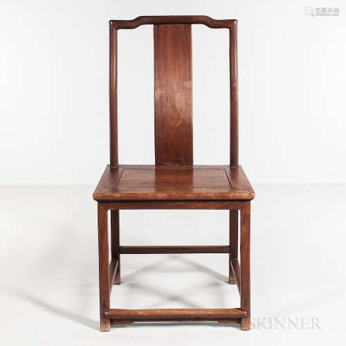 Hardwood Yoke-back Side Chair, China, 20th century, curved crest rail, S-shaped splat, seat panel set in rectangular frame, squared leg