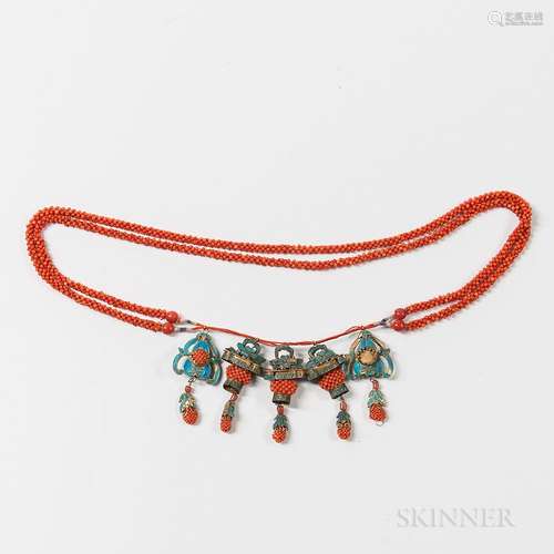 Coral and Kingfisher Feather Necklace, China, 19th/20th century, kingfisher feather on gilt-metal double gourds flanking three flower b