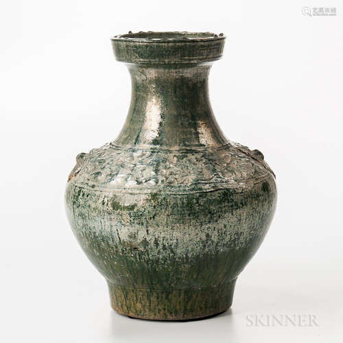 Large Iridescent Green-glazed Jar, China, Han dynasty style, hu-shape, the wide shoulders with a band of auspicious symbols in low reli