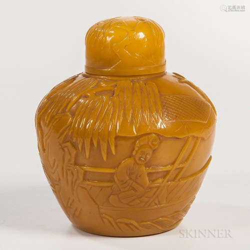 Yellow Peking Glass Jar and Cover, China, 19th century, bulbous, decorated with a landscape with a willow and a boat with a female musi