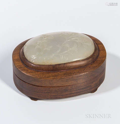 Wood Box and Cover with Jade Plaque, China, late Qing dynasty, oval form on four feet, the cover surmounted with an oval pale celadon j