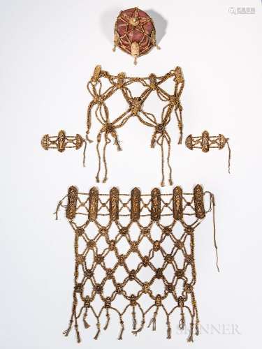Ritual Bone Apron, Vest, Armlets, and Cap, Tibet, 18th/19th century, the apron with seven oblong plaques each with finely carved figure