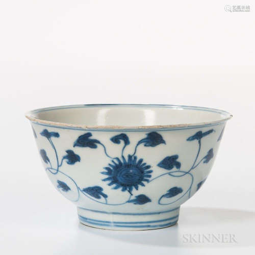 Small Export Blue and White Bowl, China, Ming dynasty style, with slightly flaring rim, on straight foot, decorated with floral scroll