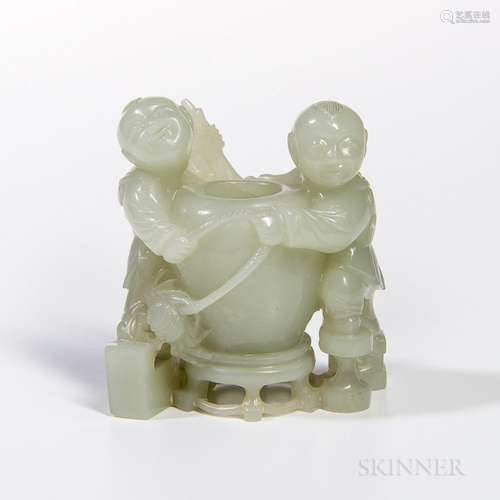 Nephrite Jade Carving of Two Boys, China, standing near a big jar holding a rope with a crab, pale celadon stone with spotty white incl