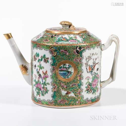 Canton Export Rose Medallion Teapot, China, 19th century, drum shape with angled shoulder and twisted strap handle, decorated with bird