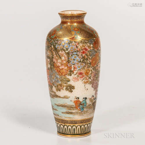 Small Satsuma Vase, Japan, Meiji period, elongated oviform with waisted neck and everted mouth and foot, decorated with an interior sce