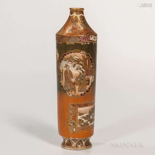 Satsuma Bottle Vase, Japan, Meiji period, long tapering cylinder with a slightly concave shoulder, decorated with diverse subjects in p